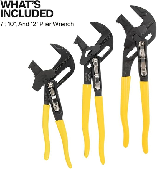 Klein Tools D53003KIT Plier Wrench Set, 3-Piece High-Leverage Pliers, Adjustable, Reversible Jaw, Smooth and Knurled Teeth, 7-Inch 10-Inch and 12-Inch