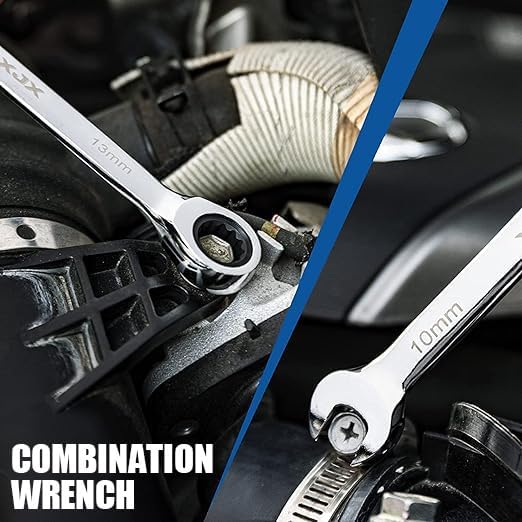 XJX Ratcheting Wrench Set, 24-Piece Combination Wrench Set, SAE & Metric 1/4" to 7/8" & 8-19mm Combination Wrenches 72-Tooth CR-V Wrenches with Roll Up Pouch