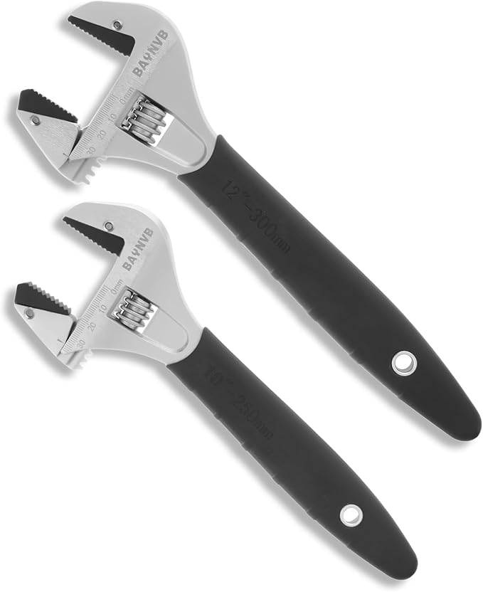 BAUNVB 2 Pack Adjustable Wrench Set, 10-inch and 12-inch Wrench with Serrated Self-tightening Jaw, 30mm and 43mm Wide Jaw Opening Wrench for Plumbing, Automotive, Industrial