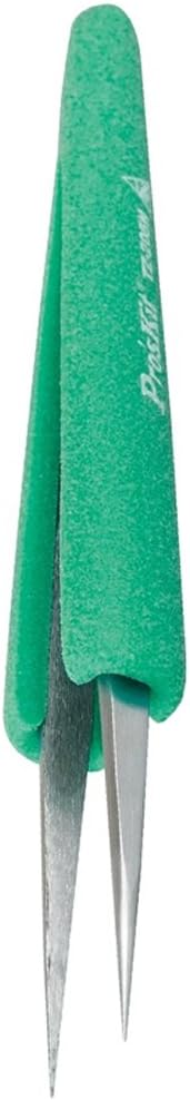 Pro'sKit ESD Anti-static Tweezers TZ-205N Antimagnetic Stainless Steel Fine Tip Straight Professional Repair Tool with Soft Handle for Jewelry, Watch, Electronics, Precision Industries (140.5mm)