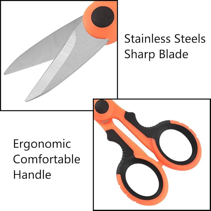 tooloflife Portable Stainless Steel Scissors Anti-Slip Serrated Edge Scissors Saltwater Freshwater Braid Scissors with Plastic Belt Case Sheath Kit for Fishing Outdoor and DIY (Red Scissor)
