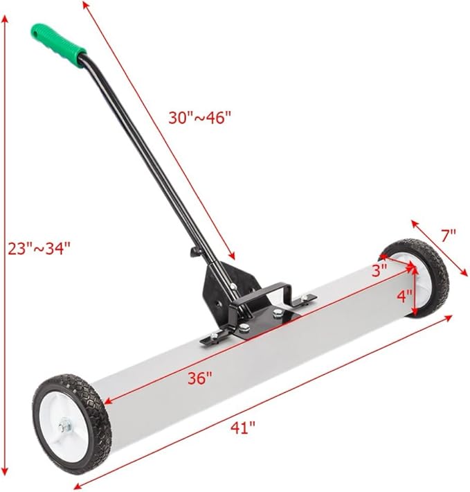 36-Inch Rolling Magnetic Pick-Up Sweeper with Wheels, with Quick Release Latch and Adjustable Long Handle, for Nails Needles Screws Collection, Great for Yard Grass Carpet and Concrete Floor