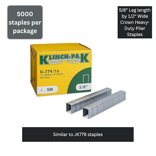 Klinch-Pak K-779/16, 5/8??Leg Length by 1/2" Wide Crown Heavy-Duty Galvanized Plier Staples, 5000 Per Package, Similar to JK779 Staples, for stapling Trays, Lids, Header Cards, Fastening End Caps