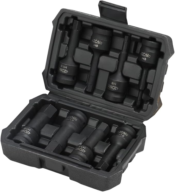 Hoteche 8-Piece 1/2" Drive Impact Metric Hex Bit Socket Set | Cr-Mo Steel, Laser Etched Sizes, Heavy Duty Storage Case