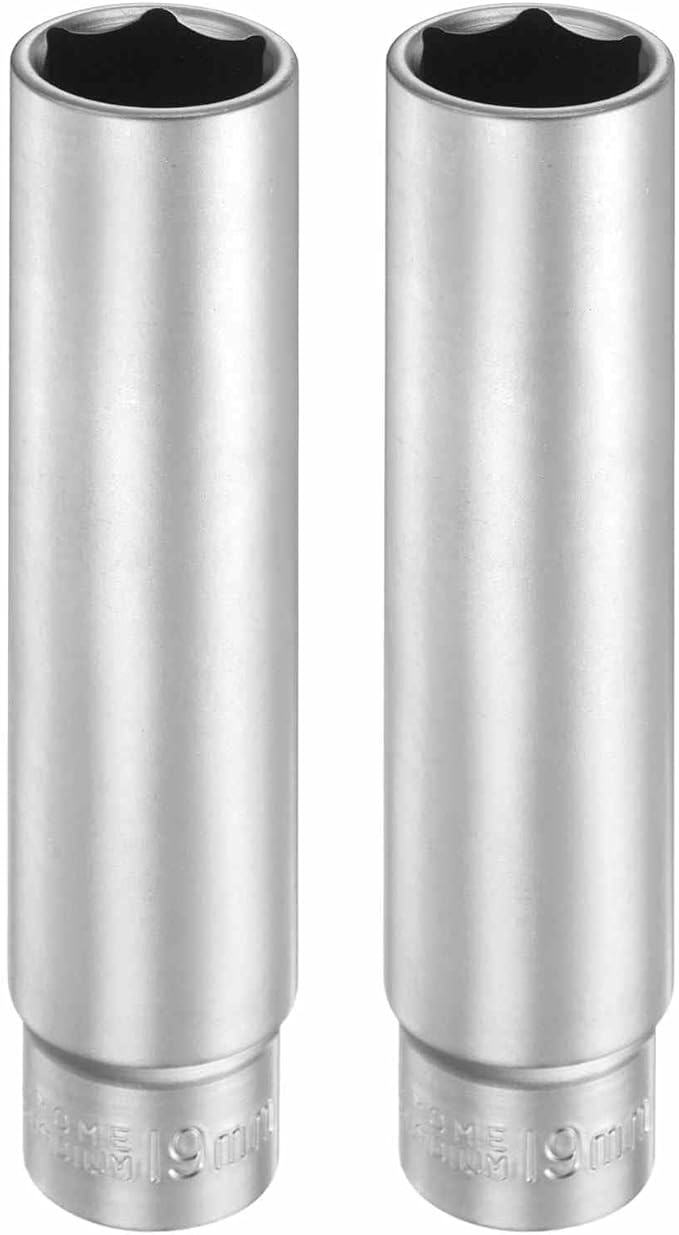 HARFINGTON 2pcs 6 Points Deep Socket 1/2" Drive 19mm Deep Metric CR-V Steel Polished Nickel Plating Flip Sleeve 120mm / 4.7" Extra Long Socket Tool for Home Auto Nuts Bolts Repair