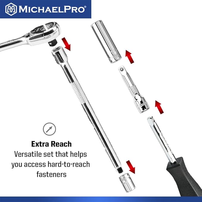 MichaelPro 22-Piece 1/4'' Drive Socket Set SAE 3/16'' - 1/2'', 90-Tooth Standard & Deep Sockets, CR-V Steel, 6-Point Design, with Spinner Handle, Extension Bar, Ratchet Handle | MP005058