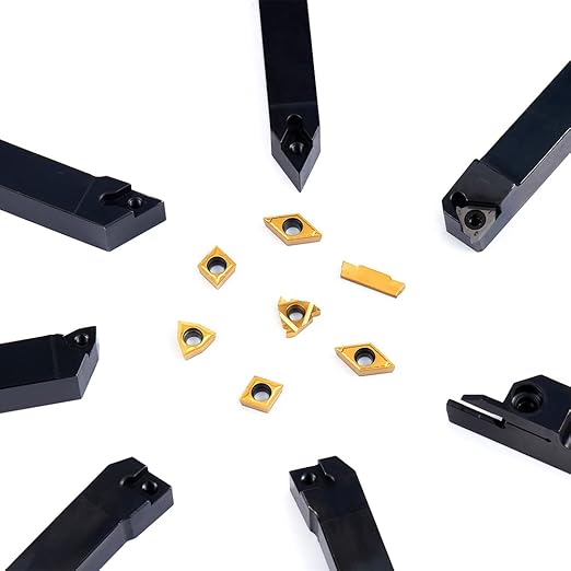 Indexable Lathe Turning Tool-5/8" Shank 7 Pieces Carbide Turning Tool Set, CNC Heavy-Duty Metal Lathe Cutting Tools for Turning Grooving Threading Cutting with Tin Coated Carbide Inserts
