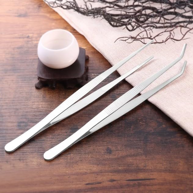 2Pcs Silver Craft Tweezers,Reverse Stainless Steel Cross Locking Tweezers Reverse Action Tweezers Straight and Bend Curved Pointed Rubber Cross Lock Soldering Tweezers,Industrial Tweezers,Hand Tools