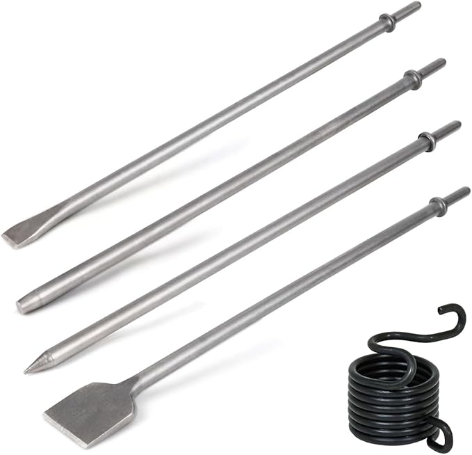 4Pcs Air Hammer Chisel Bits, 17.7 Inch Long Air Flat Chisels, Pneumatic Cold Chisel and Taper Punch, 2 Inch Wide Air Scraper Hammer Attachments for Concrete and Tile (17.7 Inch)