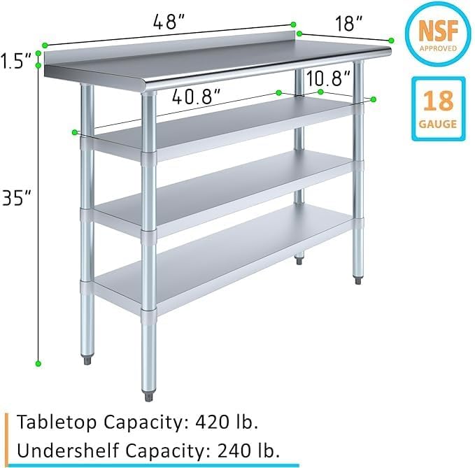 48" x 18" Stainless Steel Work Table with 1.5" Backsplash and 3 Shelves | NSF Certified Food Prep Table | Compact Commercial Metal Workstation for Kitchen or Utility Use