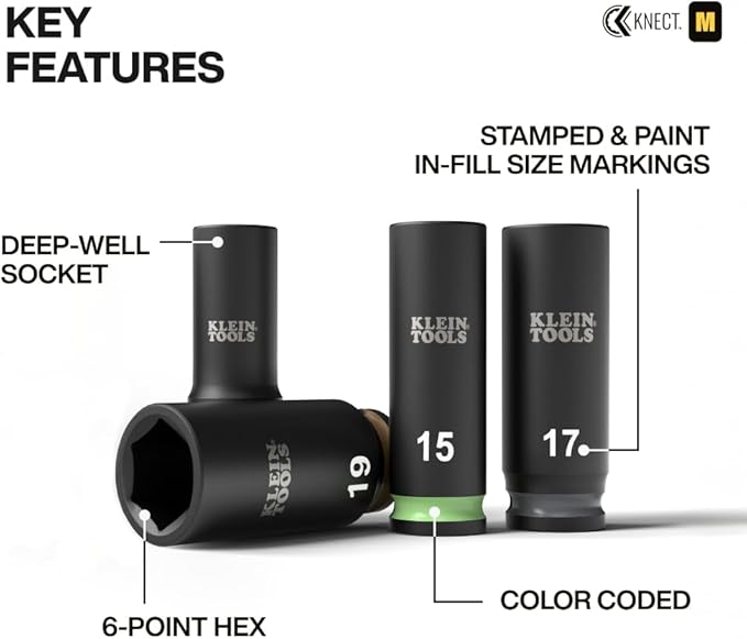 Klein Tools 65109IMPCTM KNECT Deep-Well 3/8-Inch Drive Impact Socket Set, Metric, 9-Piece Tool Set with Impact Driver Adapter, Multi-Purpose Wrench Adapter, Color-Coded, MODbox Socket Organizer