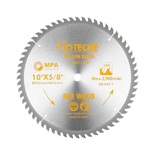 Hoteche 10-Inch Circular Saw Blade for Wood 60-Tooth Tungsten Carbide-Tipped Blade High-Performance Professioal Saw Blade for Miter Saw and Table Saws, Hole Size 5/8-inch