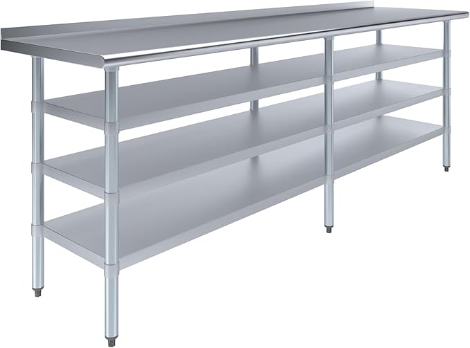 Stainless Steel Work Table with 1.5" Backsplash and 3 Shelves | Metal Kitchen Food Prep Table | NSF Certified (96" Long x 24" Deep)