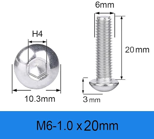 Metuja M6-1.0x20mm 30Pcs, Button Head Socket Cap Bolts Screws, Stainless Steel, Professional Set Screw, Clear and Complete Full Thread, Silver Bright Finish Furniture Bolt, Allen Hex Drive