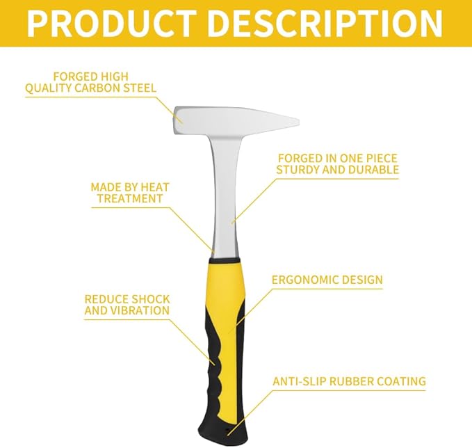 Sheet Metal Hammer – 14oz Tinsmith hammer with Integral Forging – for HVAC, Pipe Work, Sheet Metal, Square/Shaping/Tinning Hammer (400, Yellow1)
