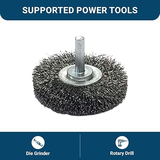 Benchmark Abrasives 2.5 Inch Grinder Mounted Crimped Wire Wheel for Drill with 1/4" Shank, Steel Brush for Rust Removal, Cleaning, Deburring on Cast Iron, Steel Rotary Tools (5 Pack) - Carbon Steel