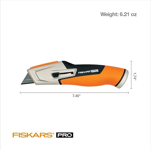 Fiskars Pro Retractable Utility Knife, Heavy Duty Box Cutter with CarbonMax Long-lasting Snap Blade, and Easy Hinge Open with Quick Blade Change and Storage, Orange/Black