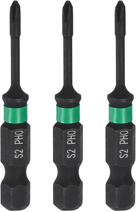 HARFINGTON 3pcs #0 Impact Phillips Screwdriver Bit PH0 1/4" Hex Shank 2" (50mm) Long 0.08" Rod Magnetic Cross Head Drill Bits S2 Steel Industrial Screw Driver for Impact Power Drivers
