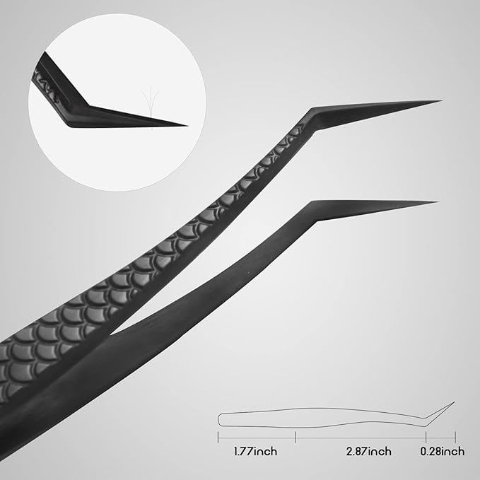 FEITA Diamond Grip Eyelash Extensions Tweezer Lash Precision Tweezers, Japanese Steel Angled Tip, False Lashes Application Tools, Black 1Pc
