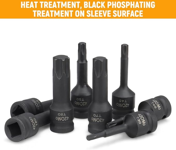 Hoteche 8-Piece 1/2" Drive Impact Torx Bit Socket Set | T30?밫80 | Cr-Mo Steel, Black Phosphate Finish, Laser-Etched, Heavy-Duty Storage Case