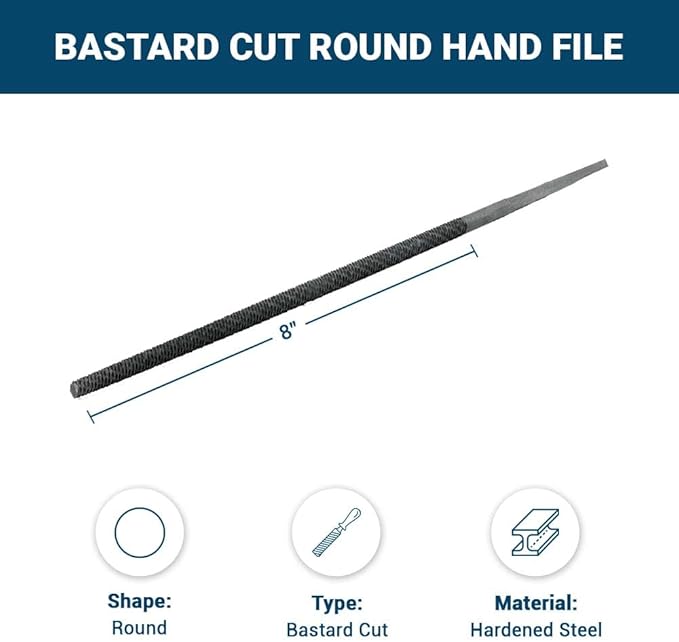 Benchmark Abrasives 8" Round Hand File Without Handle, American Pattern Metal files, Hardened Steel Deburr Tool for Shaping Metal, Plastic, Aluminum, Stone Carving, Metalworking, Woodworking (8")