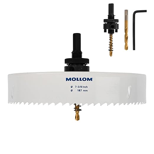 Mollom (187mm | 7-3/8") HSS M42 with 8% Cobalt BI-Metal Hole Saw with 2 Pilot Drill Bits & Arbor Smooth Cutting for PVC,Drywall,Wood,Plastic,Gypsum Board,Rubber