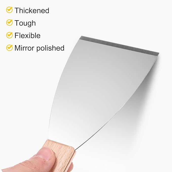 uxcell Putty Knife 5" Stainless Steel Paint Scraper Flexible Drywall Repair Mud Knife Wood Shank for Removing Cement Wallpaper Mud Adhesive Taping with Metal Hammer End