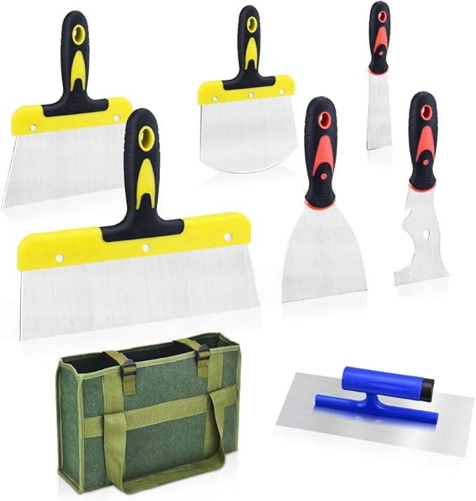 Drywall Knife Set, 8 Pieces Stainless Steel Drywall Hand Tool Kit Includes Taping Knife, Putty Knives, Finishing Trowel, Paint Scraper, Yellow handbag