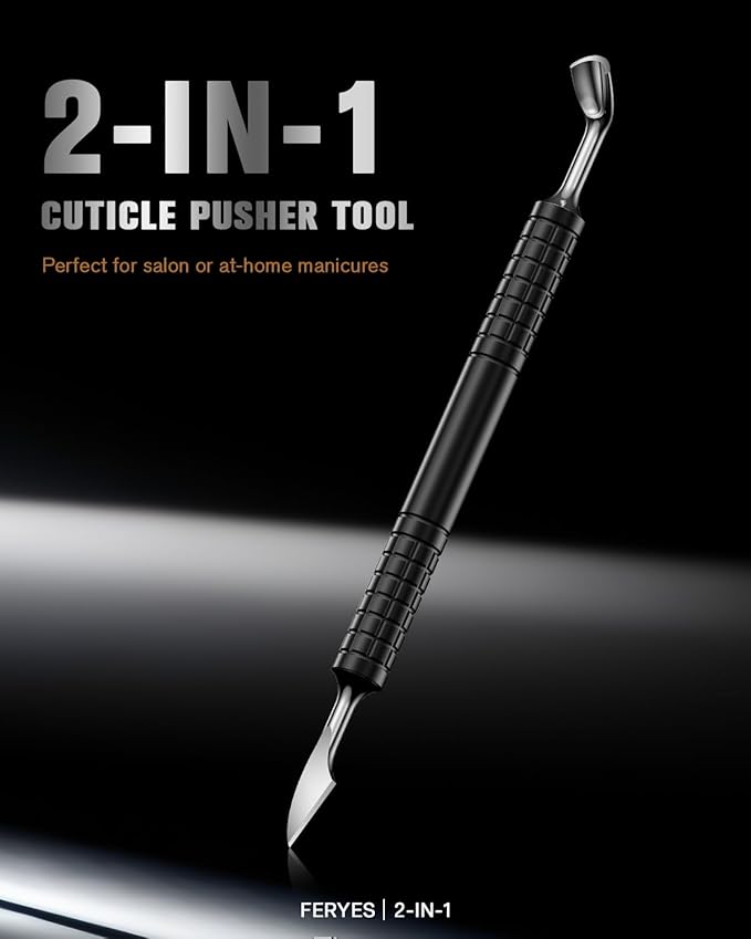 FERYES Upgraded Dual-Head Cuticle Pusher Tool - Horseshoe Shape & Chisel Edge Stainless Steel Remover Tool with Anti-Slip Wide Handle for Salon & Home Nail Care-Black