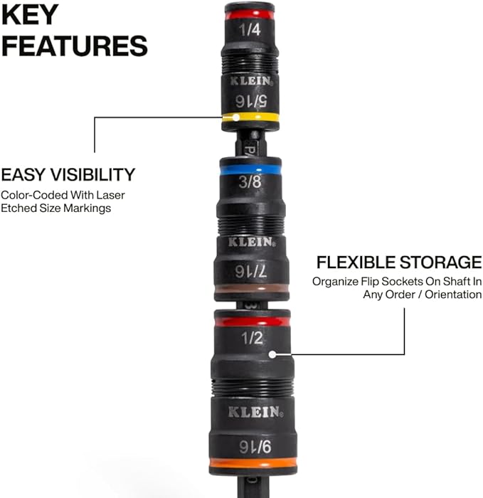 Klein Tools 32933 Klein Tools 32933 Impact Driver, SAE 7-in-1 Impact Rated Socket Set, 3 Flip Sockets with 6 Hex Driver Sizes and 1/4-Inch Bit Holder, 5-Inch Shaft