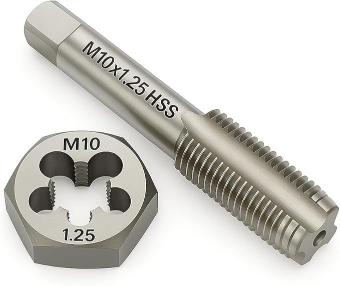 M10x1.25 Metric Tap and Die Set Right Hand HSS Tap & GCr15 Hex Die for Metal Thread Repair
