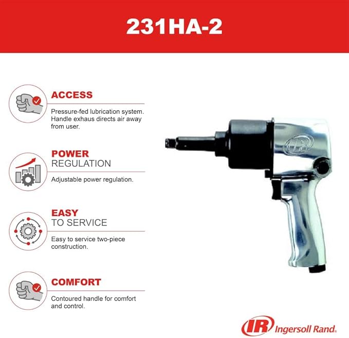 Ingersoll Rand 231HA-2 1/2" Air Impact Wrench, 2" Ext Anvil, Super Duty, 600 ft-lb Torque, Friction Ring Retainer, Pistol