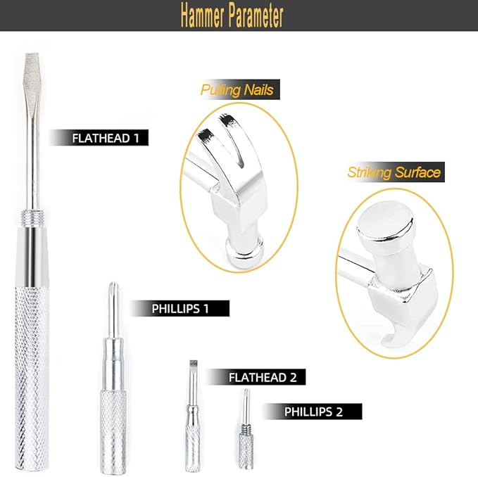 6 in 1 Mini Multifunction Copper Hammer and Screwdriver Hand Tools, Screwdriver Kit for Opening Walnuts, Watchmaker, and Household Repairing Tool (Silver)