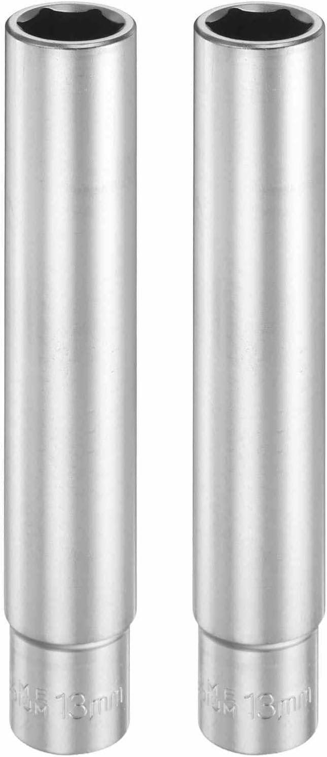 HARFINGTON 2pcs 6 Points Deep Socket 3/8" Drive 13mm Deep Metric CR-V Steel Polished Nickel Plating Flip Sleeve 120mm / 4.7" Extra Long Socket Tool for Home Auto Nuts Bolts Repair