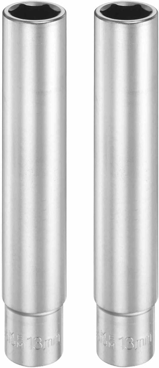 HARFINGTON 2pcs 6 Points Deep Socket 3/8" Drive 13mm Deep Metric CR-V Steel Polished Nickel Plating Flip Sleeve 120mm / 4.7" Extra Long Socket Tool for Home Auto Nuts Bolts Repair
