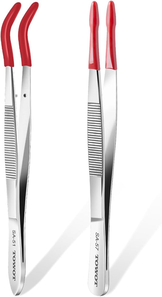 TOWOT 2 PCS Rubber Tipped Tweezers, PVC Rubber Coated Tweezers Bent and Straight Flat Tip craft Tweezers for Stamp Jewelry Hobby Crafts Industrial Electronic(red)