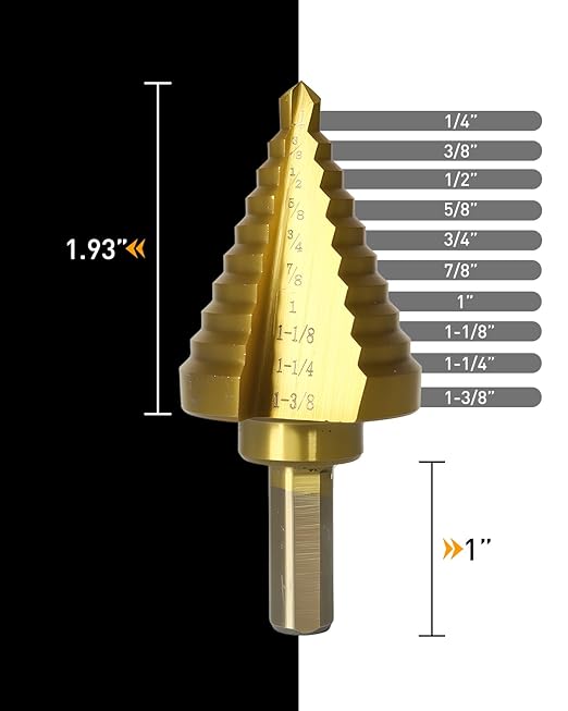COMOWARE Step Drill Bit for Metal, Titanium Coated, Double Cutting Blades, High Speed Steel, Short Length Drill Bit, Total 10 Sizes from 1/4??to 1-3/8", for Steel Sheets Aluminum Copper Plastic Wood