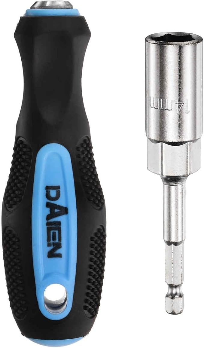 HARFINGTON Metric Nut Driver 14mm CR-V Non-Magnetic Detachable Tip Hollow Shafts Hex Socket Screwdriver with Anti-Slip Handle for Automobile Repair Bit Driver, Blue/Black