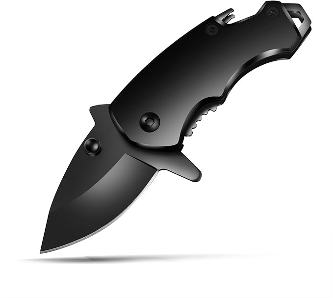 Small Pocket Knife for men, 1.58 Inch Blade, Black Stainless Steel, Compact Keychain knife with Safety Lock and Clip for Camping, Hiking, Daily Tasks, Mini Folding Box Cutter EDC Gadgets Tools