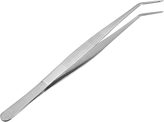 uxcell 10-Inch Stainless Steel Tweezers with Curved Pointed Serrated Tip