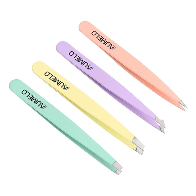 Tweezers Set 4-Piece Professional Stainless Steel Tweezers with Leather Travel Case by AUMELO - Precision Eyebrow and Splinter Ingrown Hair Removal Tweezer - MultiColor