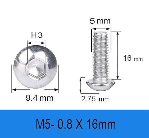 Metuja M5-0.8x16mm 100Pcs, Button Head Socket Cap Bolts Screws, Stainless Steel, Professional Set Screw, Clear and Complete Full Thread, Silver Bright Finish Furniture Bolt, Allen Hex Drive