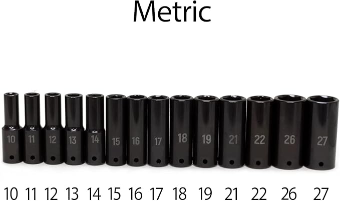 Deep Impact Metric Socket Set 1/2-Inch Drive 14 Piece with Large Visible Markings for Quick Identification, 10mm to 19mm, plus 21mm, 22 mm, 26mm and 27mm Sockets