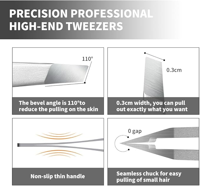 Professional Slant Tweezers for Eyebrows & Facial Hair - Precise Aligned Stainless Steel Remover with Storage Case