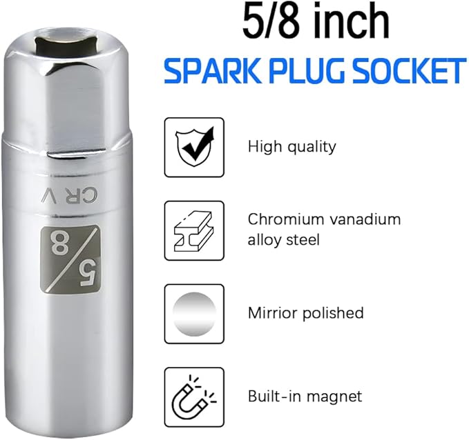 5/8-inch Magnetic Spark Plug Socket 3/8-inch Drive 6-Point Powerful Magnet Retains Spark Plugs Chrome Vanadium Steel