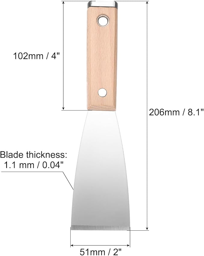 uxcell Putty Knife 2" Stainless Steel Paint Scraper Flexible Drywall Repair Mud Knife Wood Shank for Removing Cement Wallpaper Mud Adhesive Taping with Metal Hammer End