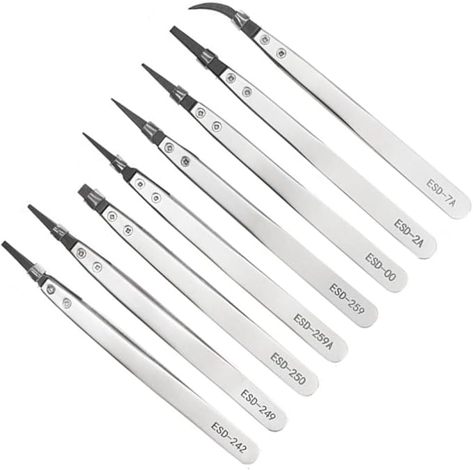 Precision Anti-Static ESD Tweezers for Electronics Repair, Industrial Metal Tweezers for Circuit Board, Mobile Phone, and Clock Maintenance, Silver Black Color(ESD-259)