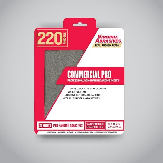 Virginia Abrasives 9??x 11??Commercial Pro Sandpaper Sanding Sheets, 220 grit, 20 Pack