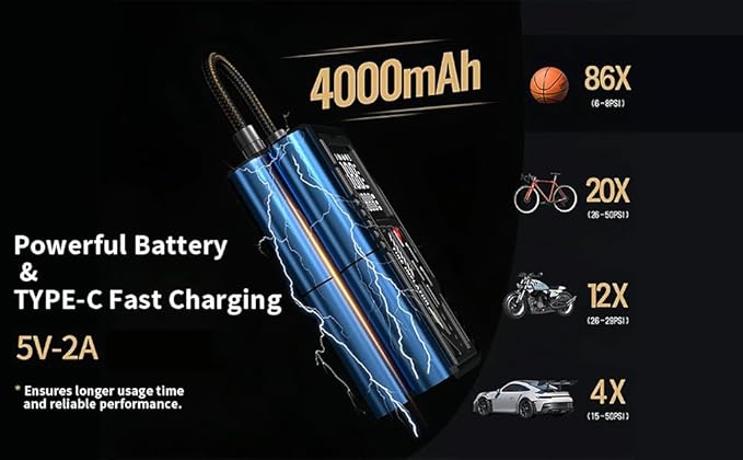 Portable Tire Inflator, 150PSI Cordless Air Compressor with Digital Pressure Gauge and LED Light for Cars, Motorcycles, Bicycles, and Balls. (YYA-001)