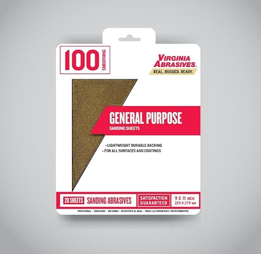 Virginia Abrasives 9??x 11??General Purpose Sandpaper Sanding Sheets, 100 grit, 20 Pack